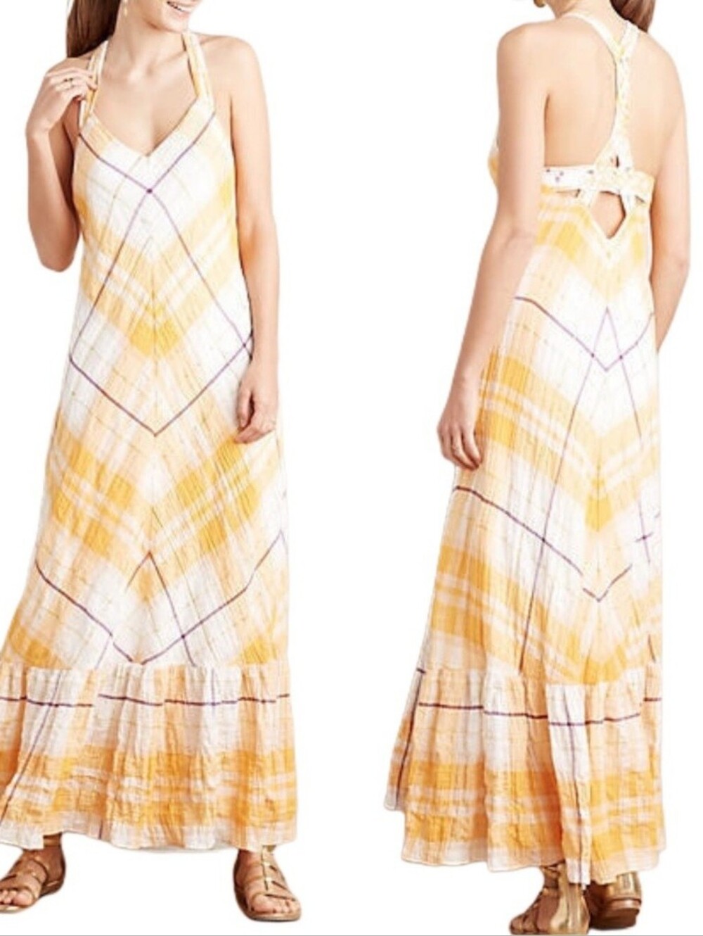 Holding Horses Cotton Clementine Yellow Plaid Maxi Dress Strappy Braided Back